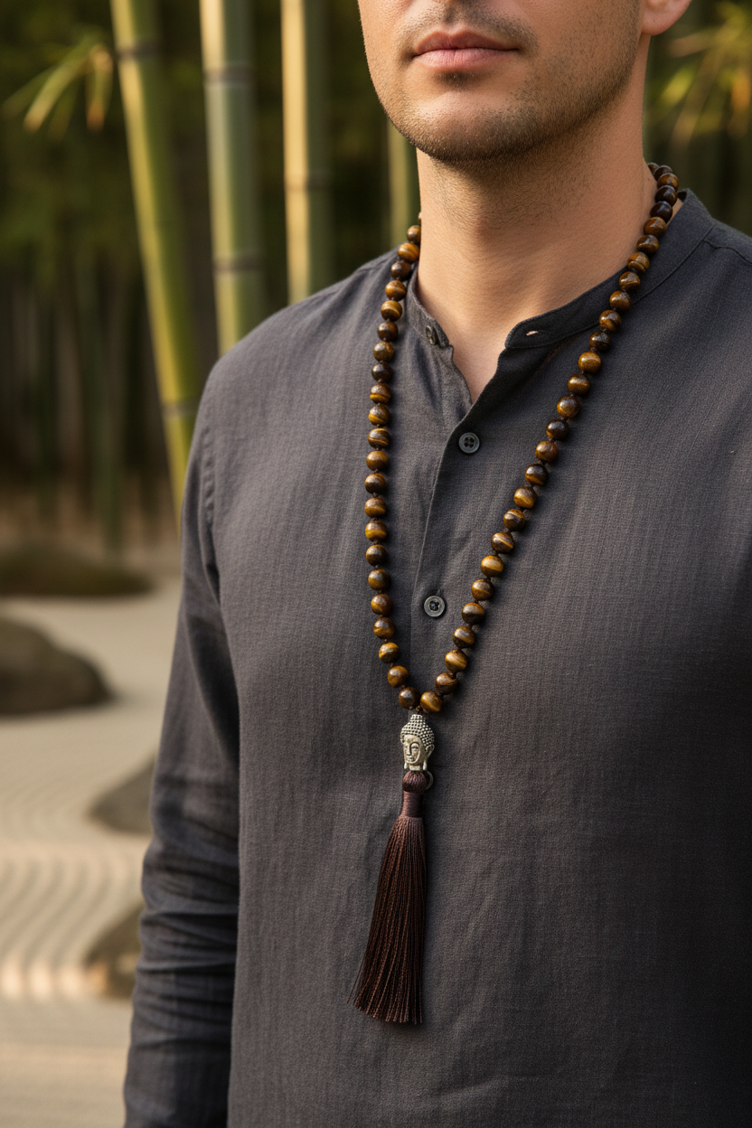 Collier homme pierre naturelle œil de tigre porté sur chemise lin, jardin zen bambou