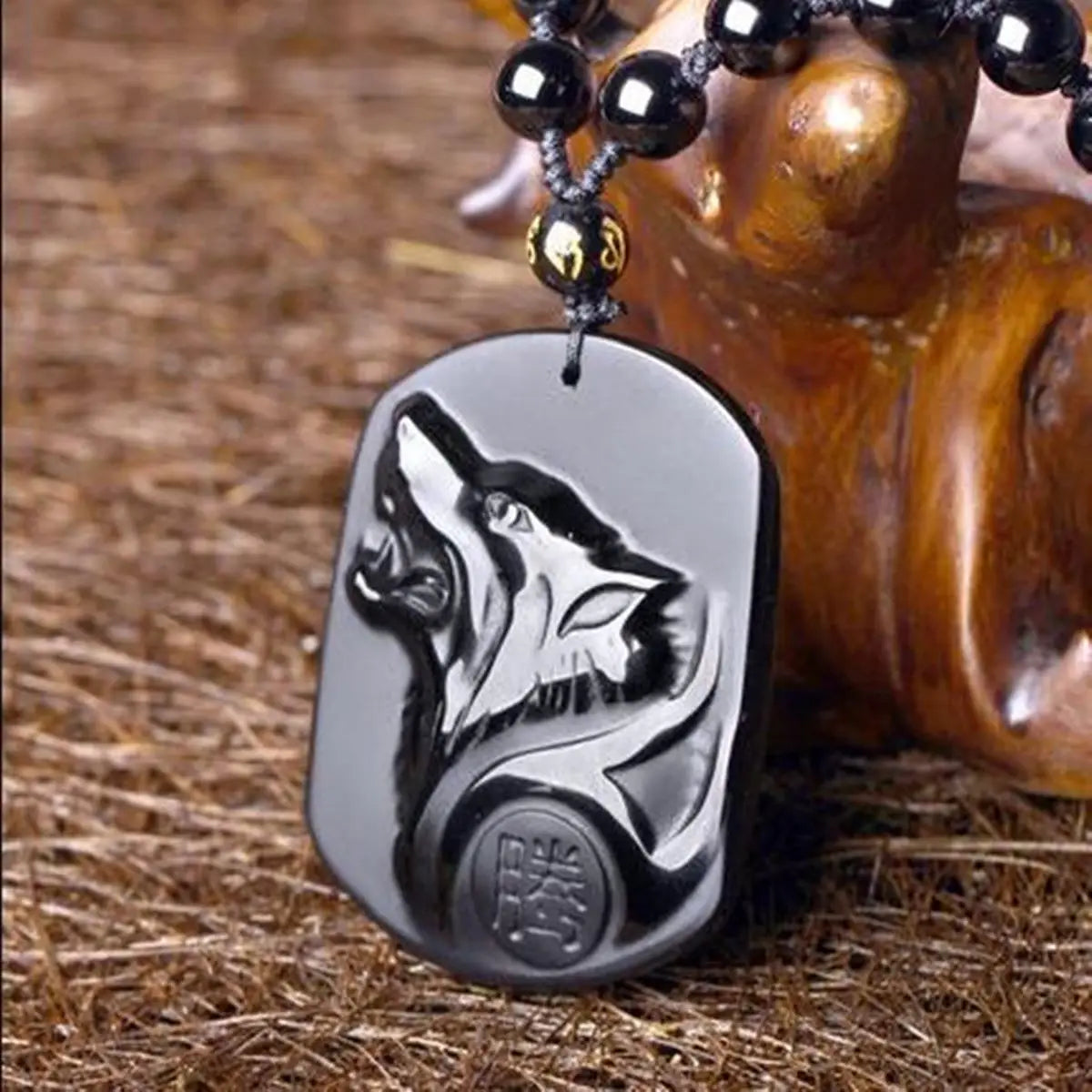 Collier homme pierre naturelle obsidienne perles noires sculptées