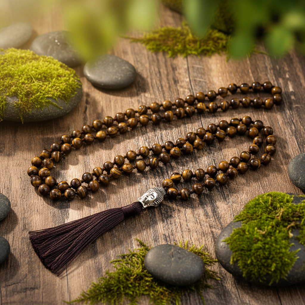 Gros plan collier homme pierre naturelle - perles nouées œil de tigre et pendentif Bouddha argent