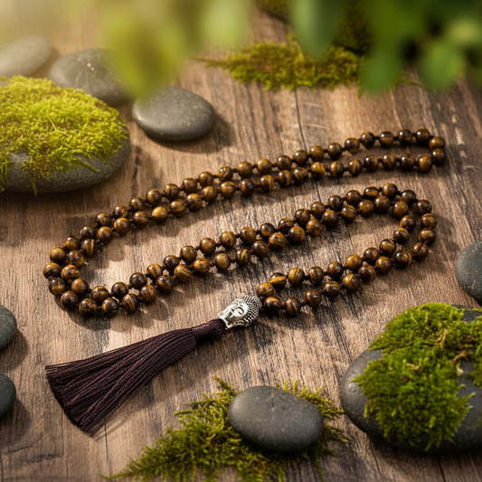 Gros plan collier homme pierre naturelle - perles nouées œil de tigre et pendentif Bouddha argent