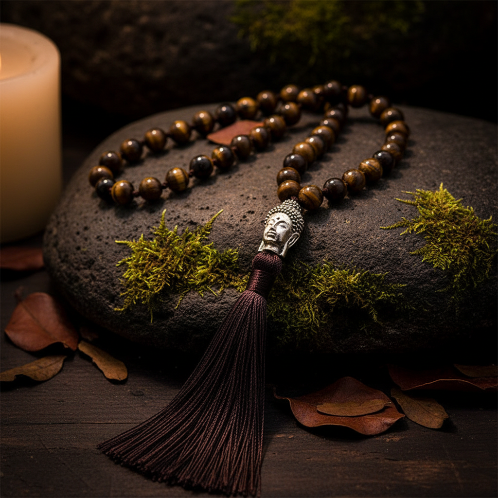 Collier homme pierre naturelle - pendentif Bouddha argent sur pierre et mousse zen