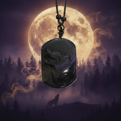 Collier homme pierre obsidienne loup protection fond chamanique pleine lune