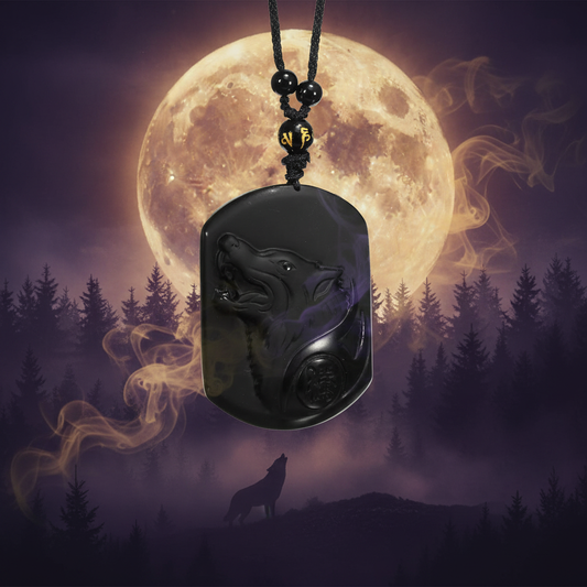 Collier homme pierre obsidienne loup protection fond chamanique pleine lune
