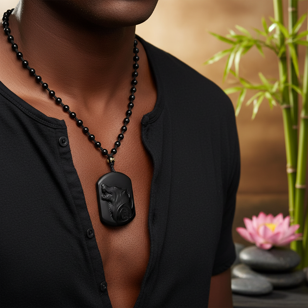 Collier homme pierre obsidienne loup porté au cou ambiance zen nature