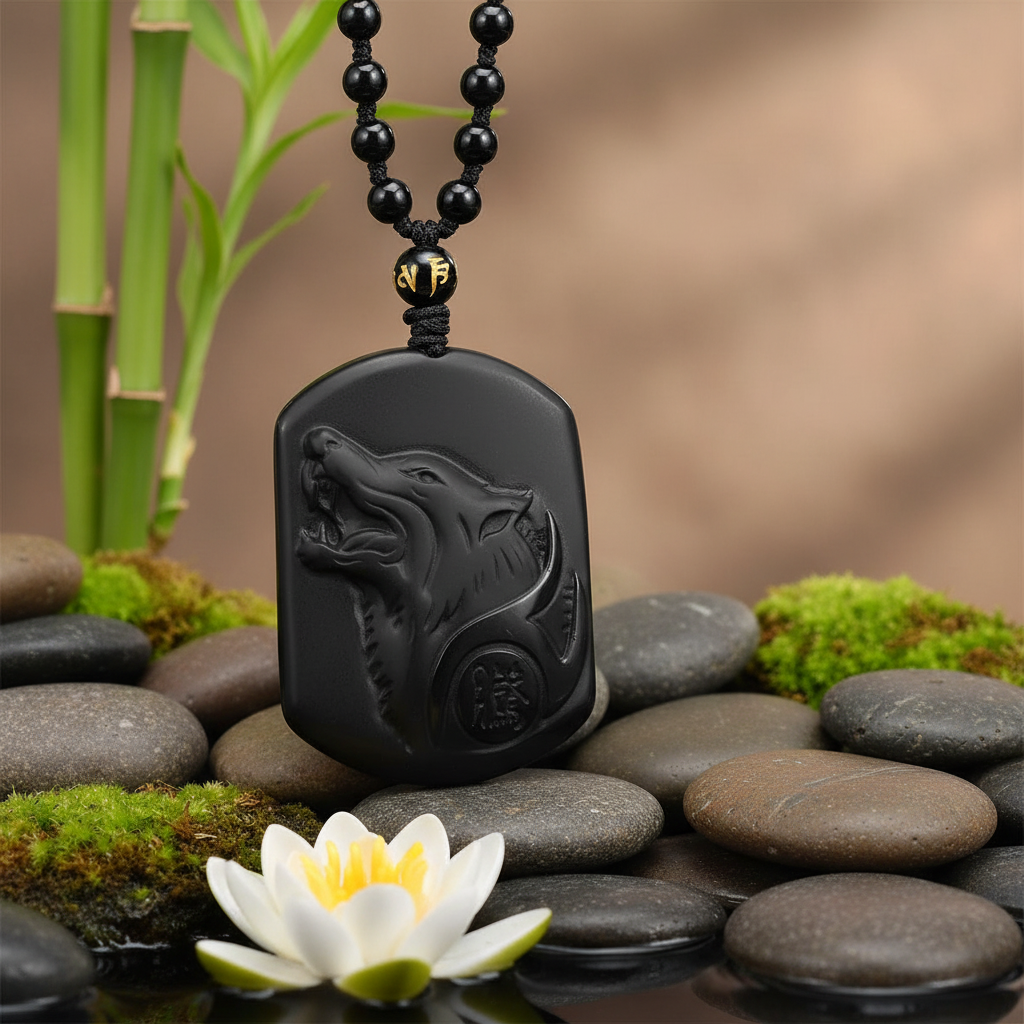 Collier homme pierre obsidienne loup fond zen naturel pierres mousse
