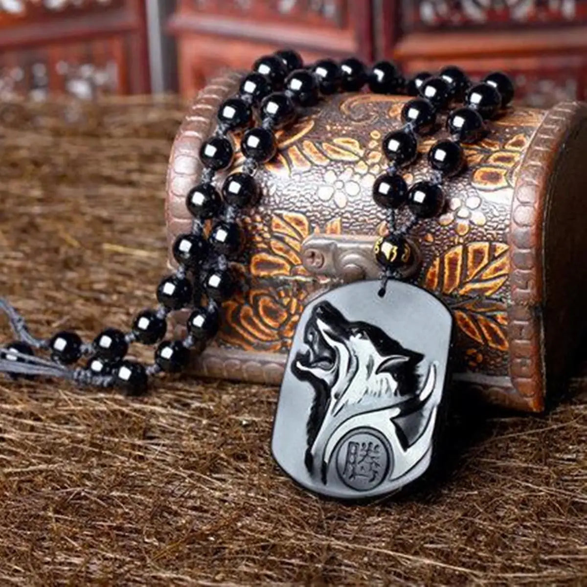 Collier homme pierre perle obsidienne pendentif loup sculpté