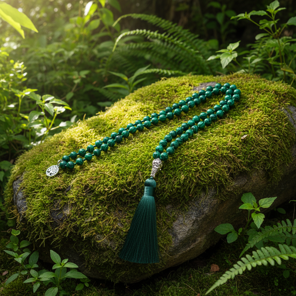 Gros plan collier perle malachite sur surface zen – pierre naturelle protectrice