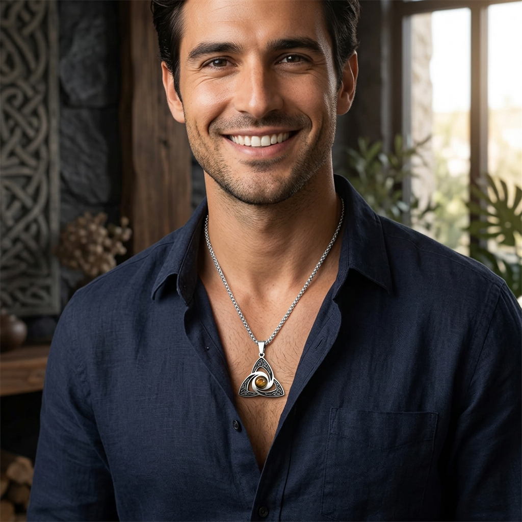 Collier à pendentif celtique et pierre œil de tigre porté par un homme brun en chemise bleu foncé.