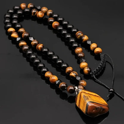 Collier oeil de tigre pour homme perles noires et pendentif pierre naturelle