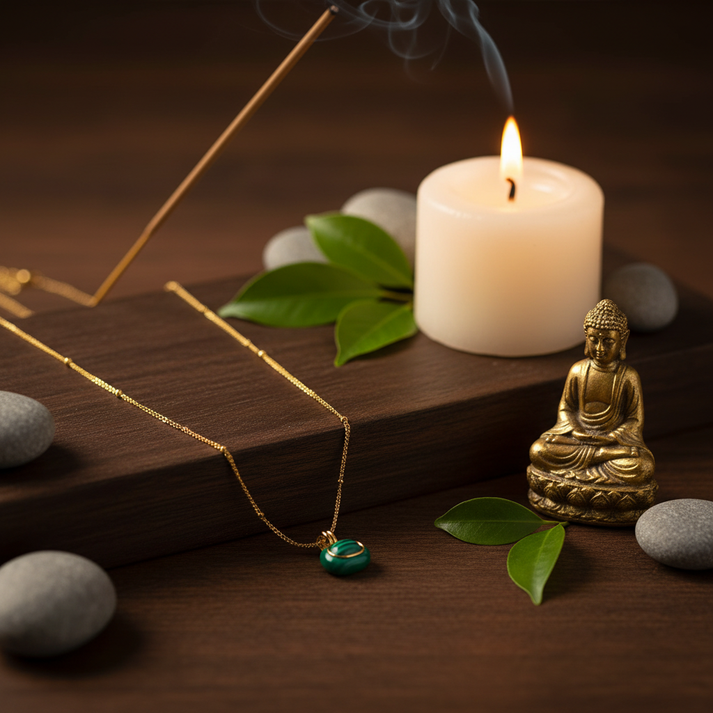 Pendentif malachite serti or sur autel zen – collier bien-être méditation