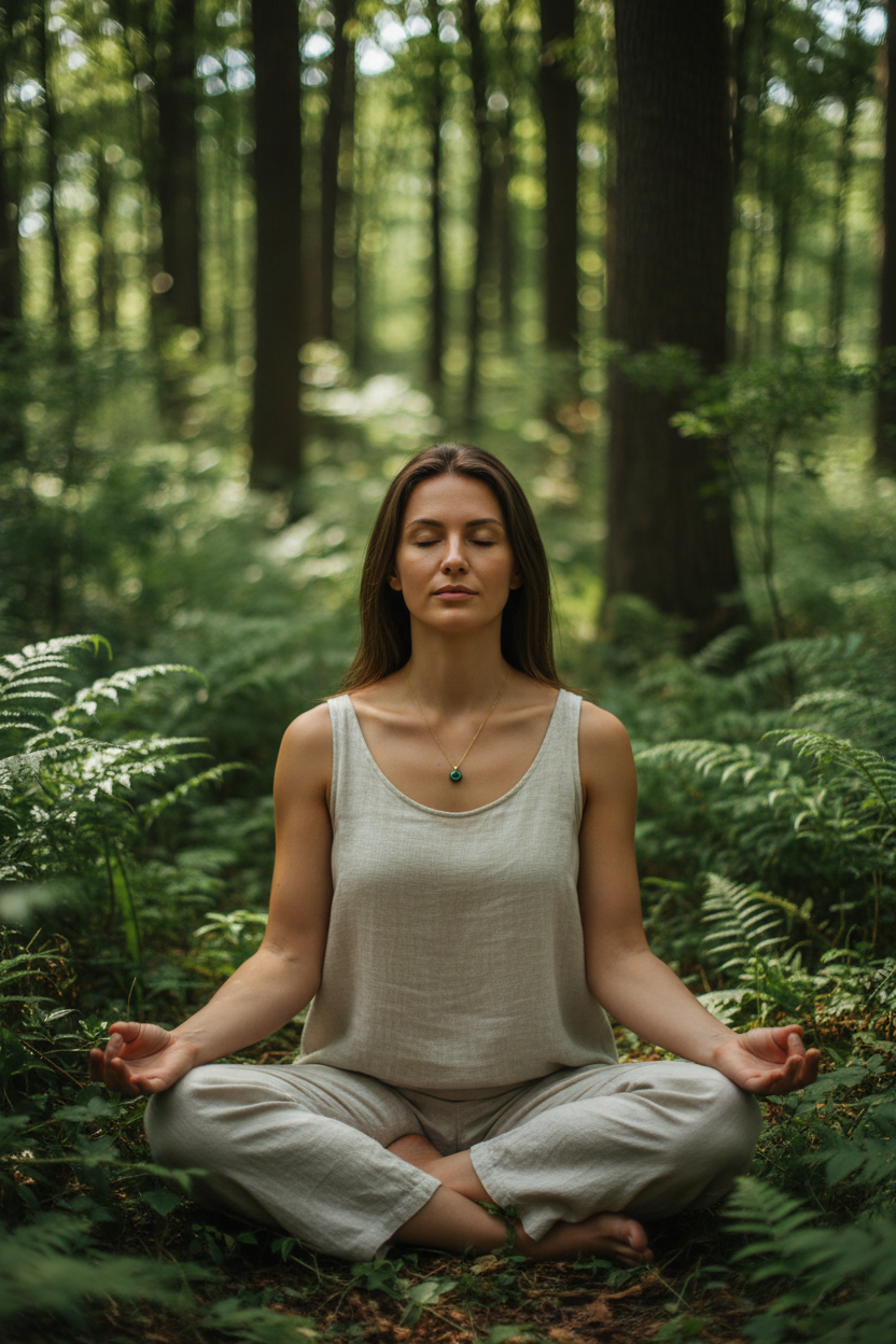 Femme méditant dans la nature avec collier pendentif malachite doré