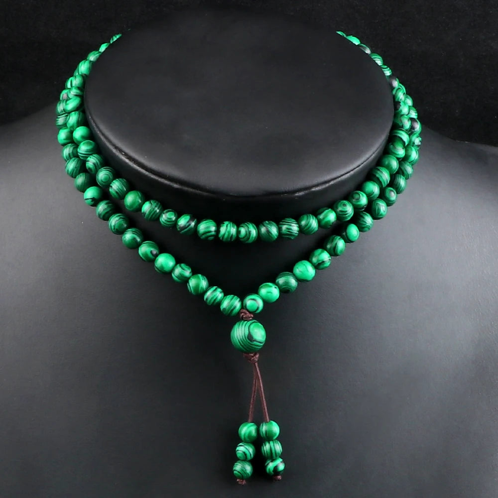 Collier perle malachite 108 perles porte bijou lithothérapie bien-être