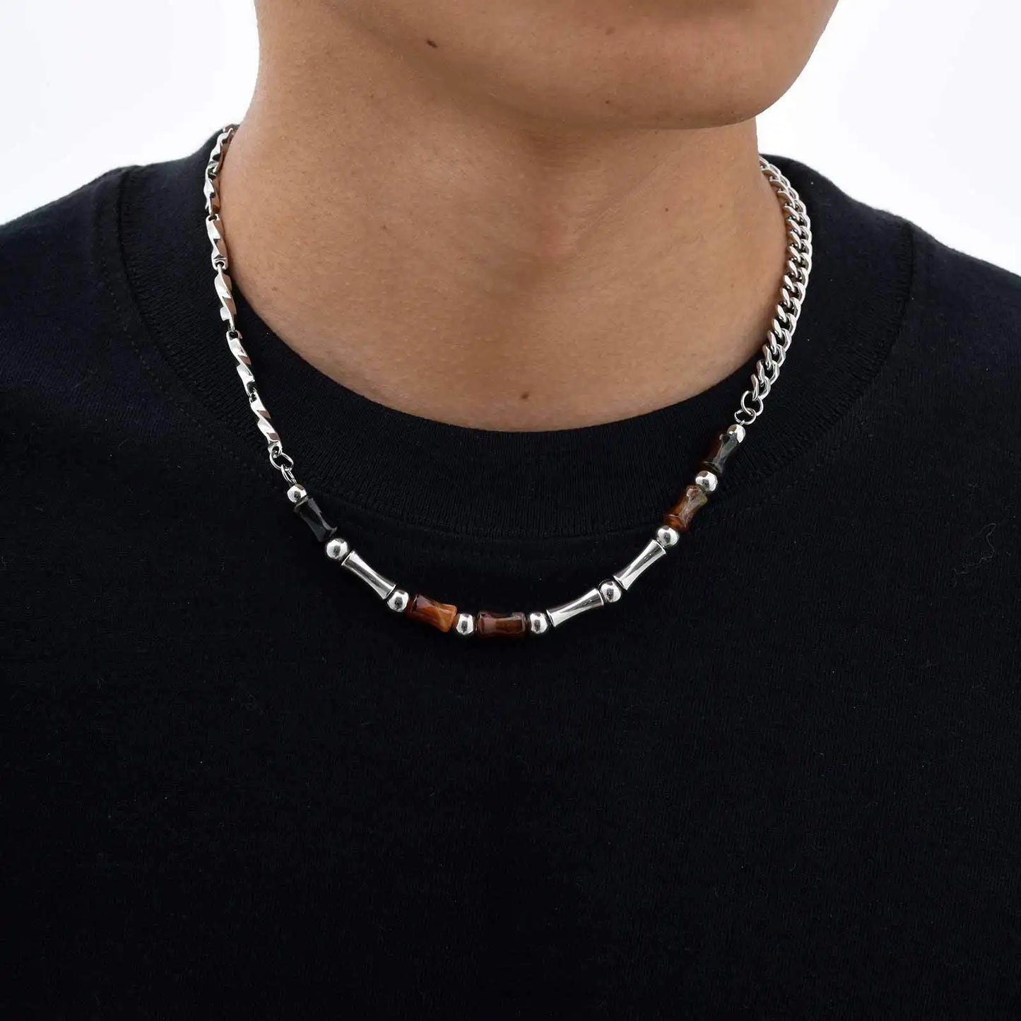 Collier perle homme agate acier inoxydable
