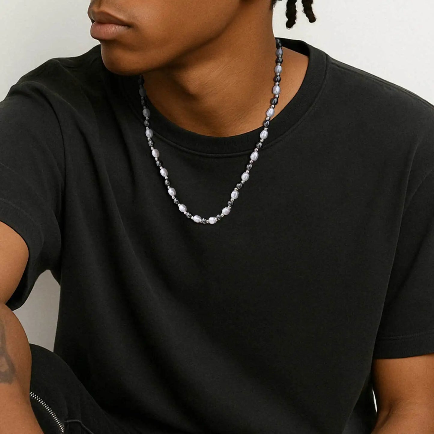 collier perle hématite homme anti-stress apaisant acier inoxydable stylé, élégant