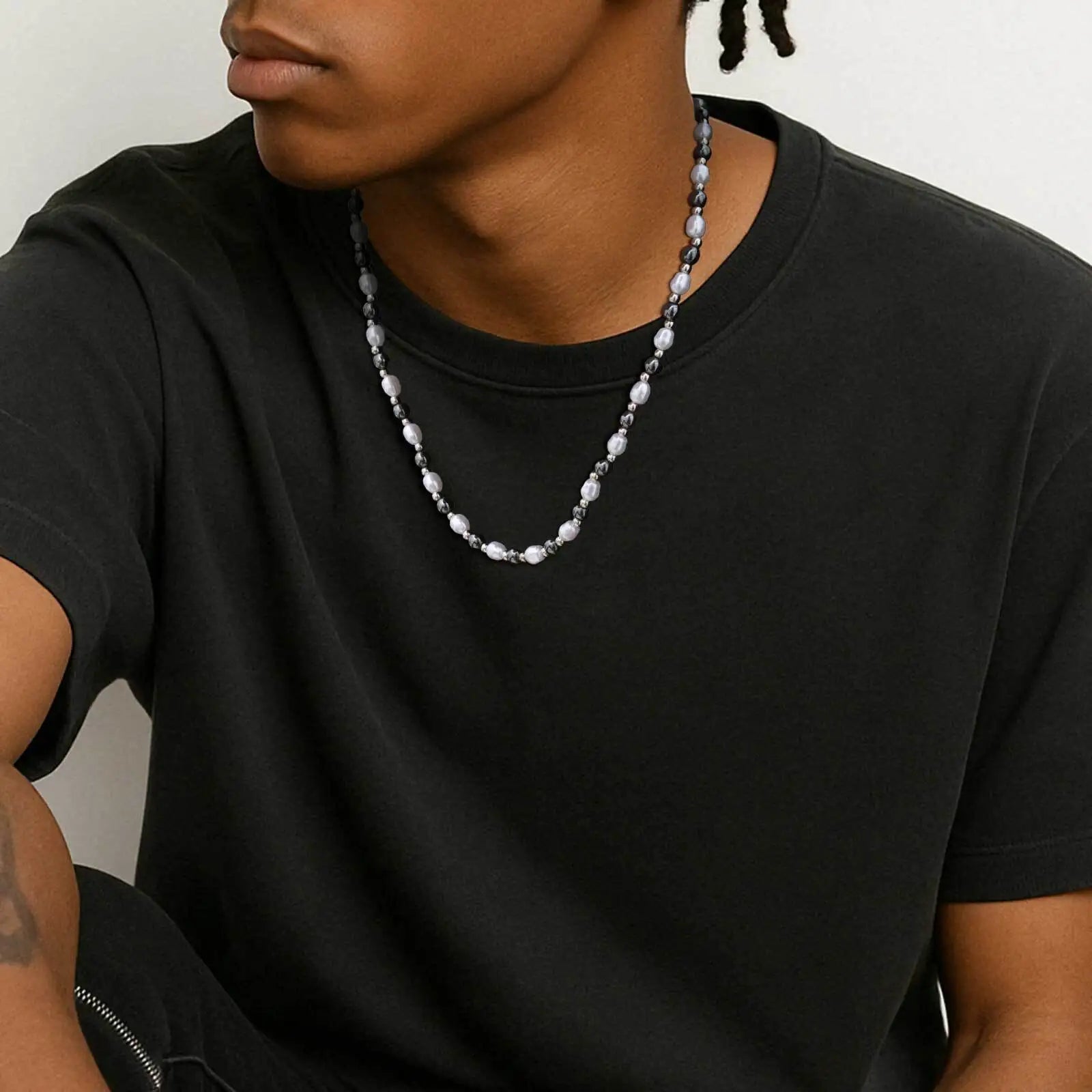 collier perle hématite homme anti-stress apaisant acier inoxydable stylé, élégant
