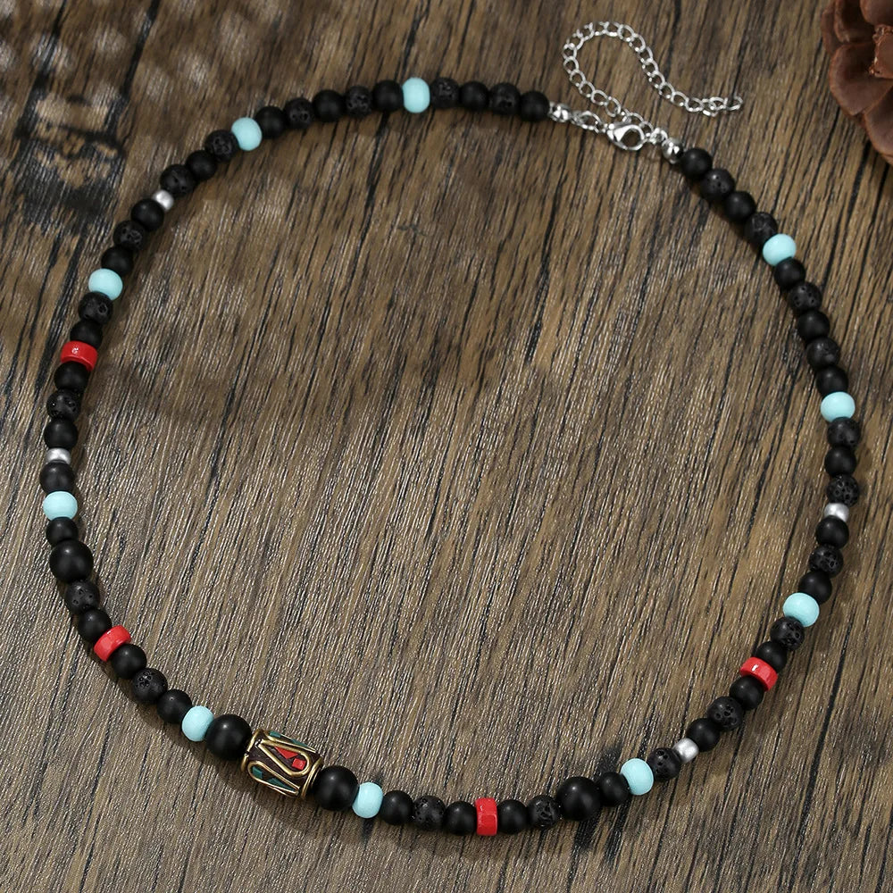 collier perle homme pierre naturelle de lave noire bleu rouge design bohème