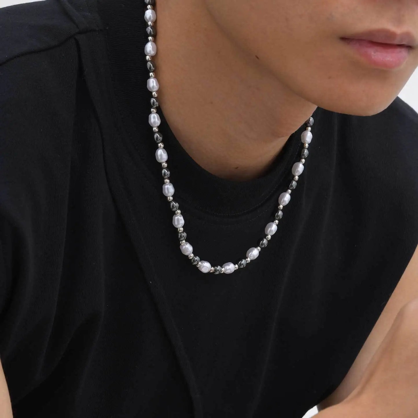 collier perle hématite homme anti-stress apaisant acier inoxydable stylé, élégant
