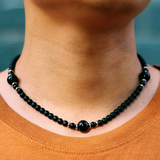 Collier perle homme onyx obsidienne noire – bouclier énergétique lithothérapie