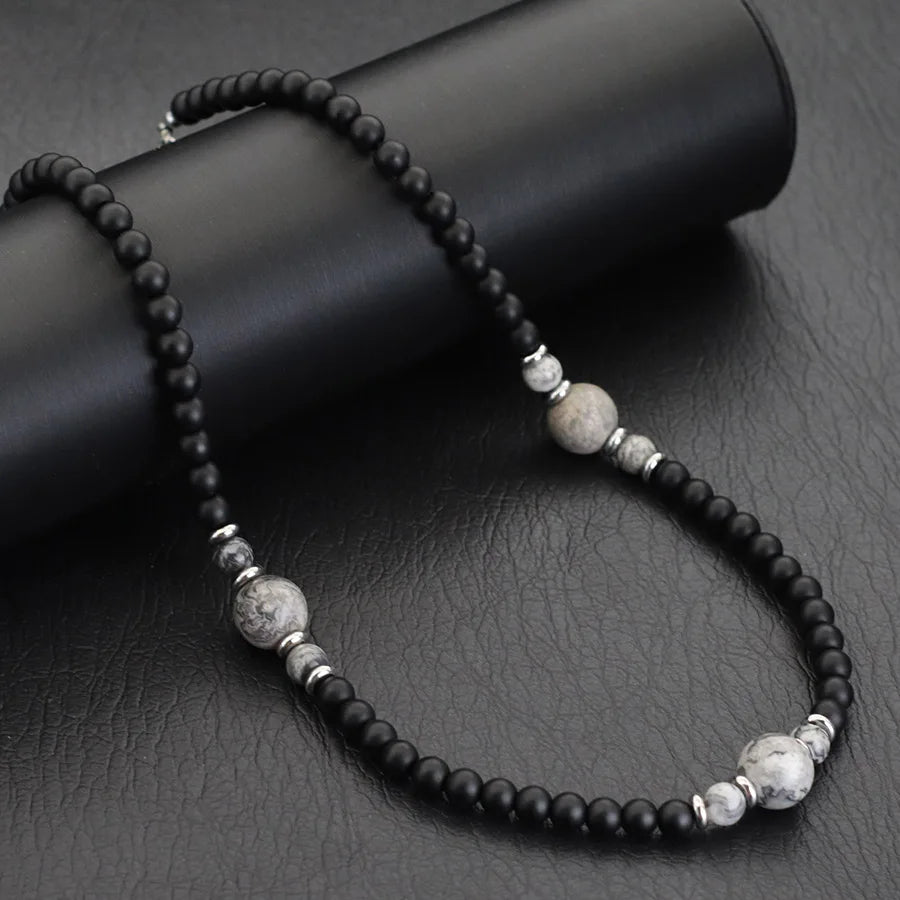 Collier perle homme onyx pierre de carte – bijou lithothérapie
