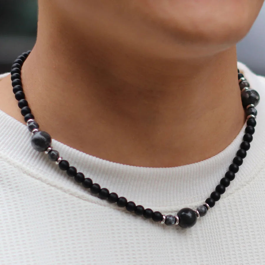 Collier perle homme onyx et pierre éclair  – pierres naturelles