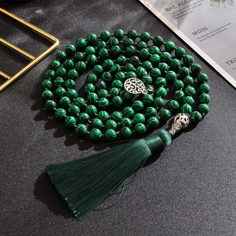 Collier perle mala malachite déroulé avec pompon vert – bijou méditation unisexe