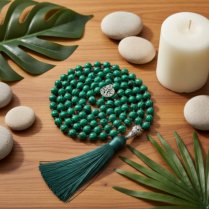 Collier perle malachite 108 grains enroulé – pendentif arbre de vie argent
