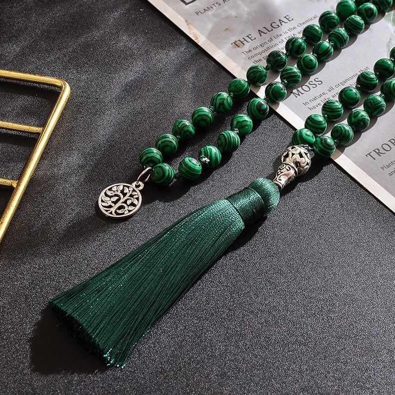 collier perle mala malachite naturelle 8mm pompon vert – collier perle protection énergie