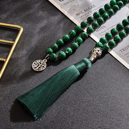collier perle mala malachite naturelle 8mm pompon vert – collier perle protection énergie
