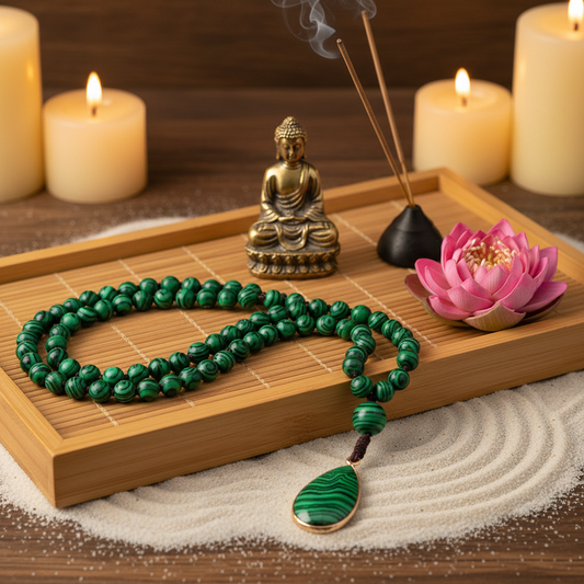 Collier perle malachite sur plateau bambou autel bouddhiste – méditation spirituelle