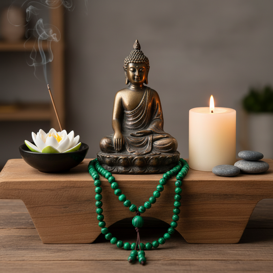 Collier perle malachite en sautoir sur porte-bijou zen avec galets et bougie