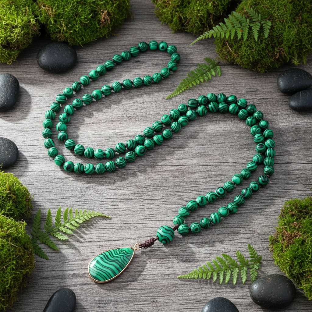 Collier perle malachite posé sur bois rustique en forêt – lithothérapie bien-être