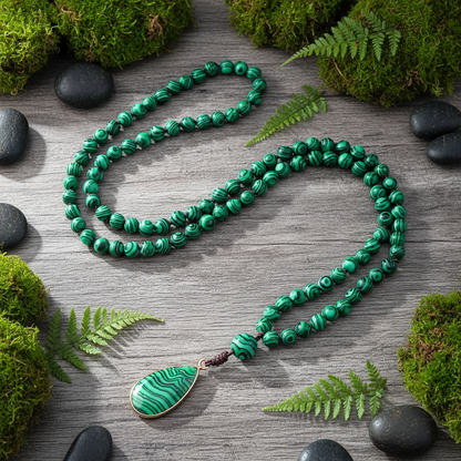 Collier perle malachite posé sur bois rustique en forêt – lithothérapie bien-être