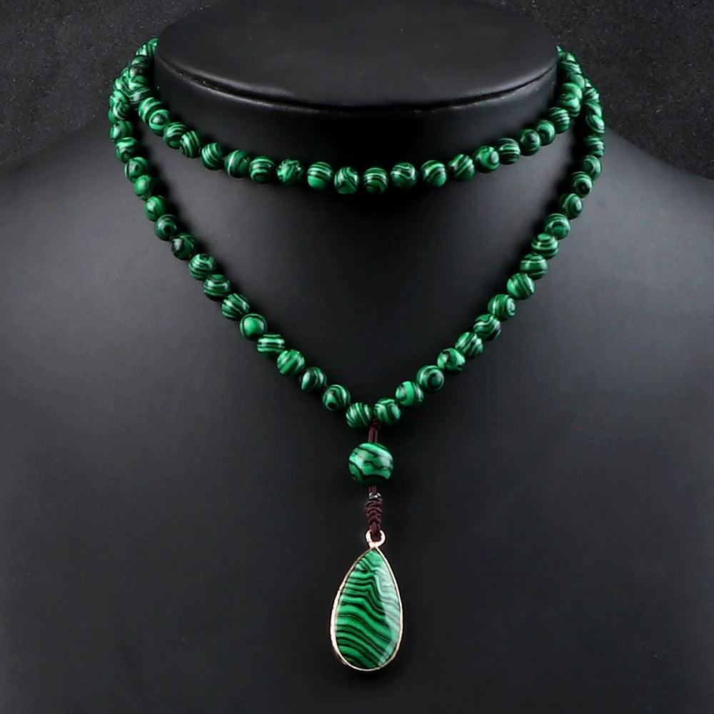 Collier perle malachite 108 perles avec pendentif goutte – bijou méditation unisexe