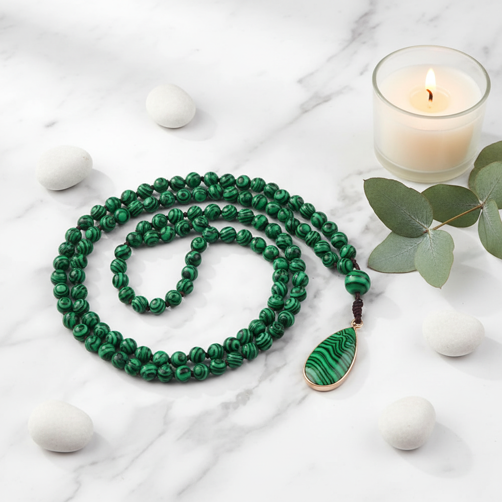 Collier perle malachite enroulé sur marbre blanc – pierre naturelle protectrice