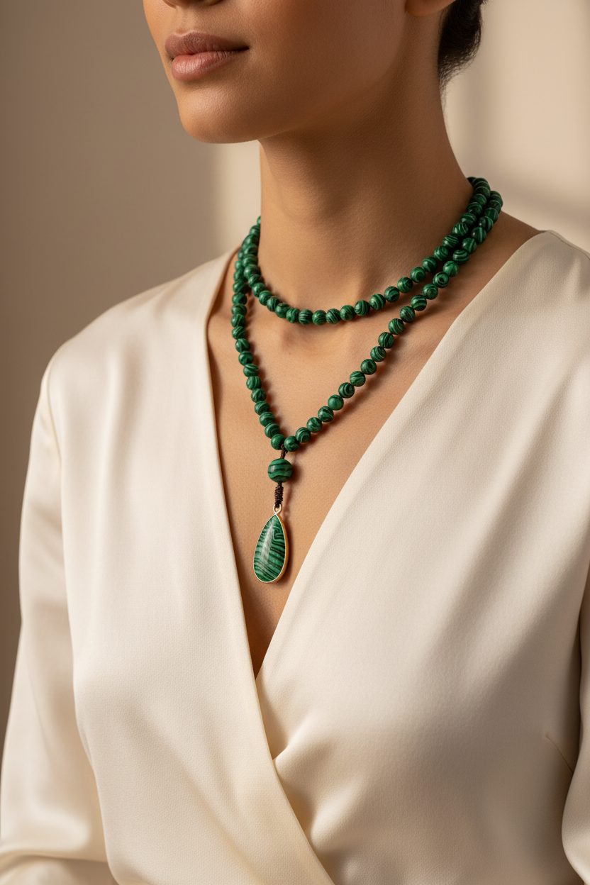 Collier malachite 108 perles porté au cou – bijou protection énergie