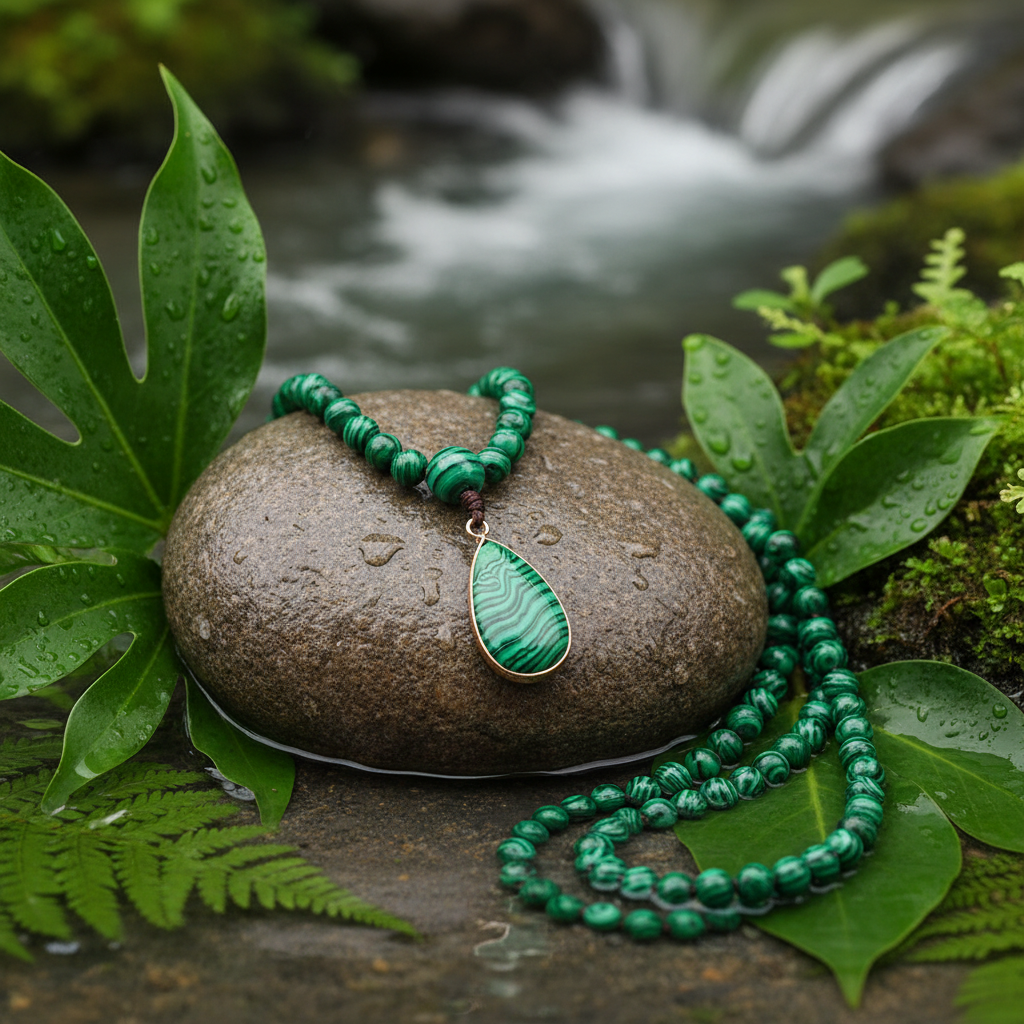 Collier malachite pendentif goutte sur pierre rivière – bijou zen naturel