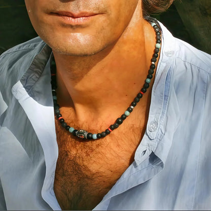 collier perle homme pierre naturelle de lave noire bleu rouge design bohème