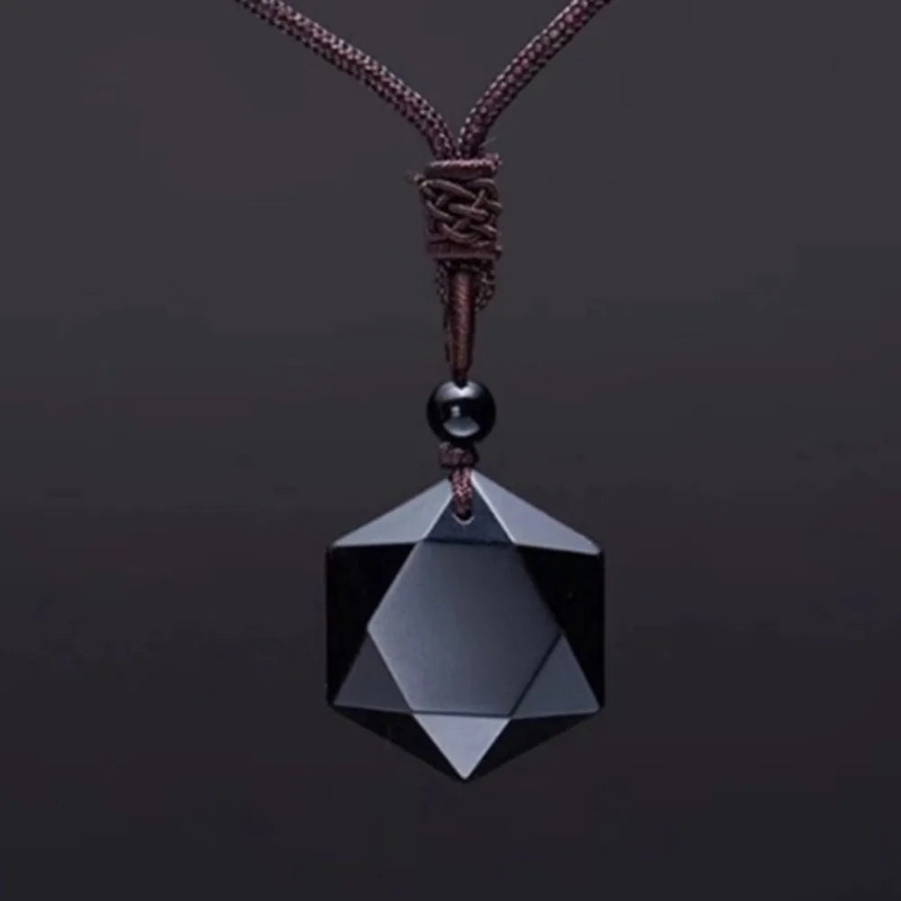 Collier pierre homme pendentif obsidienne hexagramme facetté cordon noir ajustable