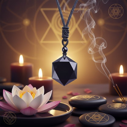 Collier pierre homme obsidienne géométrie sacrée hexagramme fond spirituel zen