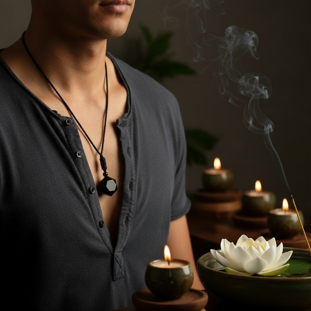 Collier pierre homme obsidienne hexagramme porté au cou ambiance zen spirituelle