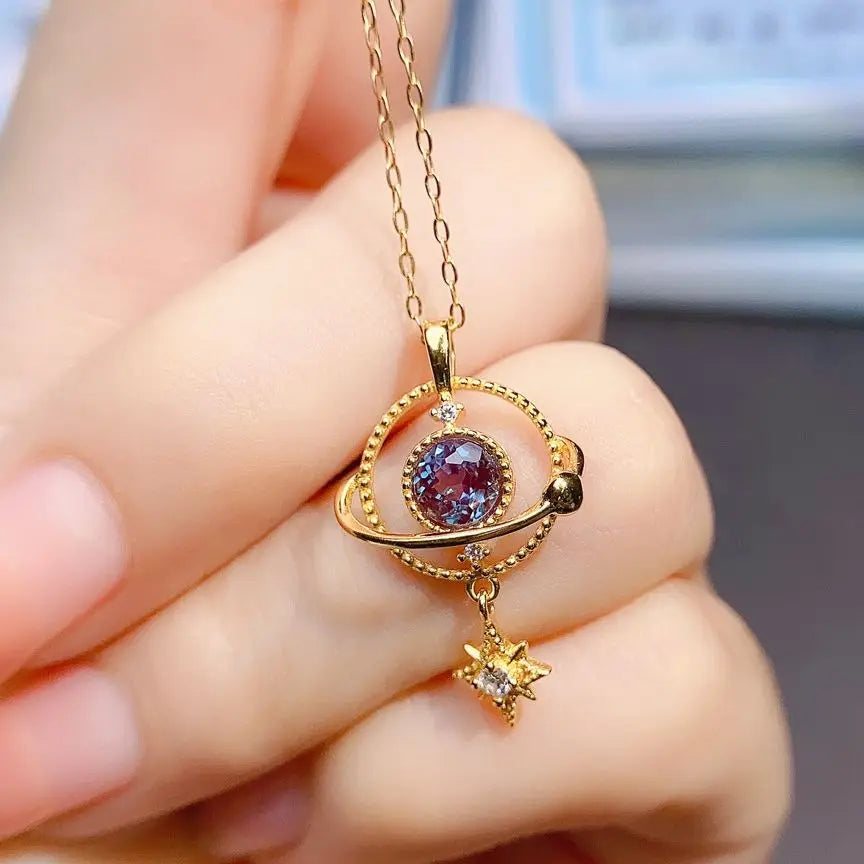 collier pierre naturelle alexandrite anti stress serti dans argent sterling 925 plaqué or design planète univers