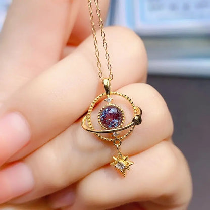 collier pierre naturelle alexandrite anti stress serti dans argent sterling 925 plaqué or design planète univers