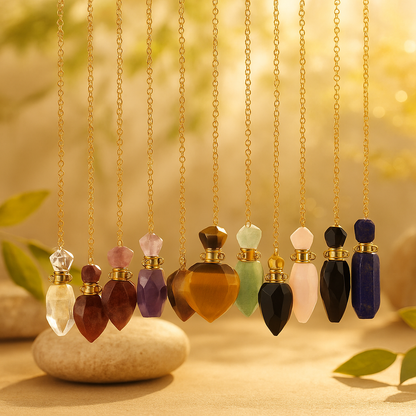 colliers pierres naturelles cristal de roche quartz fraise améthyste oeil de tigre aventurine quartz rose obsidienne lapis lazuli flacons aromathérapie pendentifs au bout d'une chaine acier inoxydable nature zen