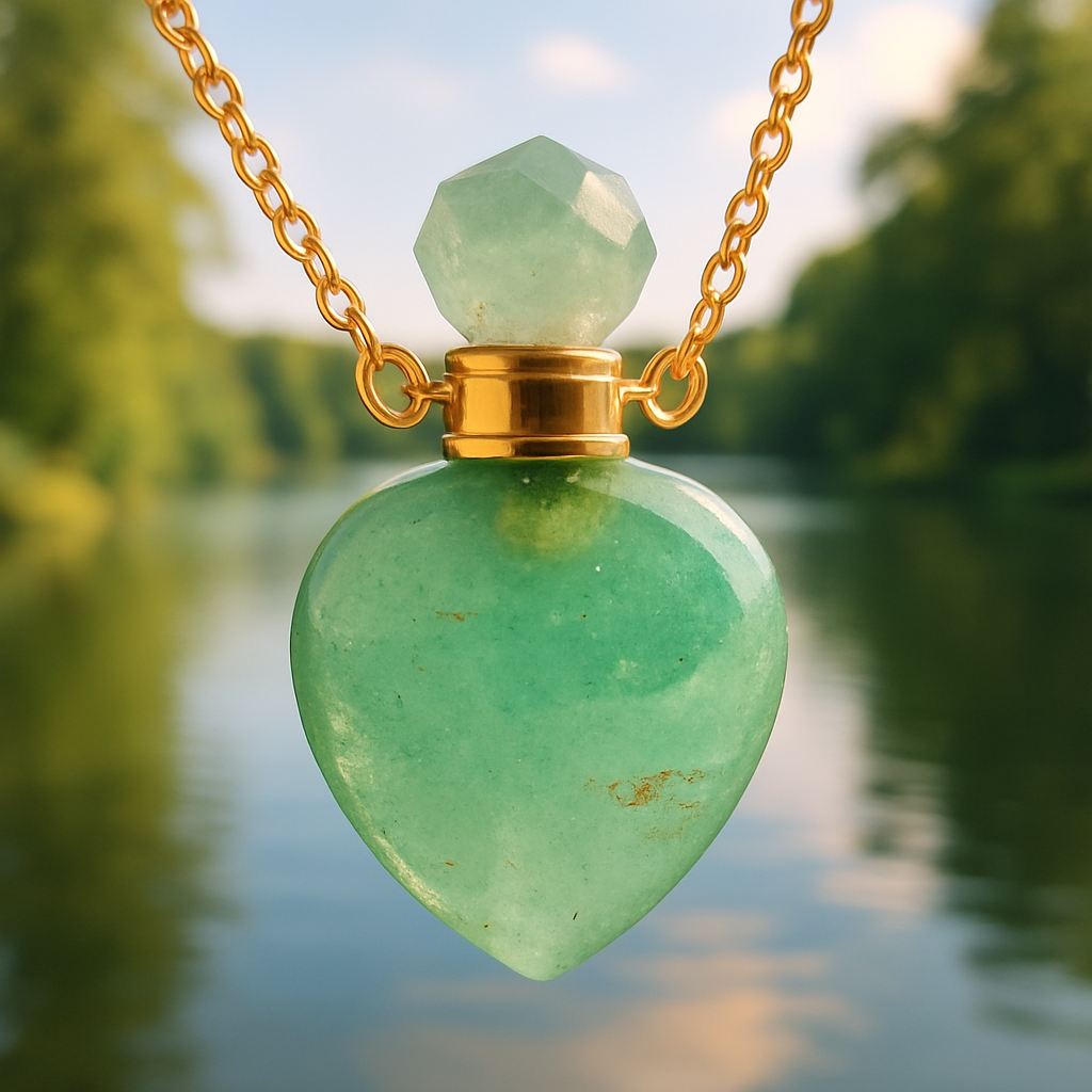 Collier pierre naturelle aventurine verte en forme de flacon pour mettre huile essentielle aromathérapie lac entouré de bois