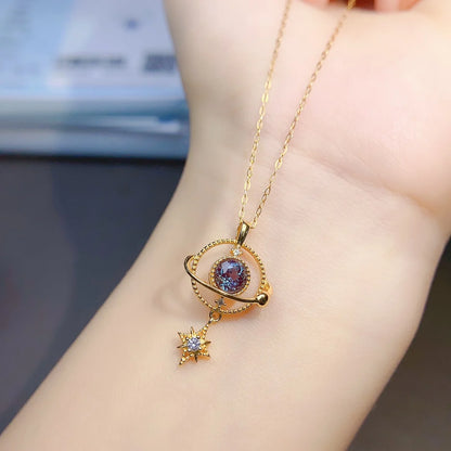 collier pierre naturelle alexandrite anti stress serti dans argent sterling 925 plaqué or design planète étoile univers