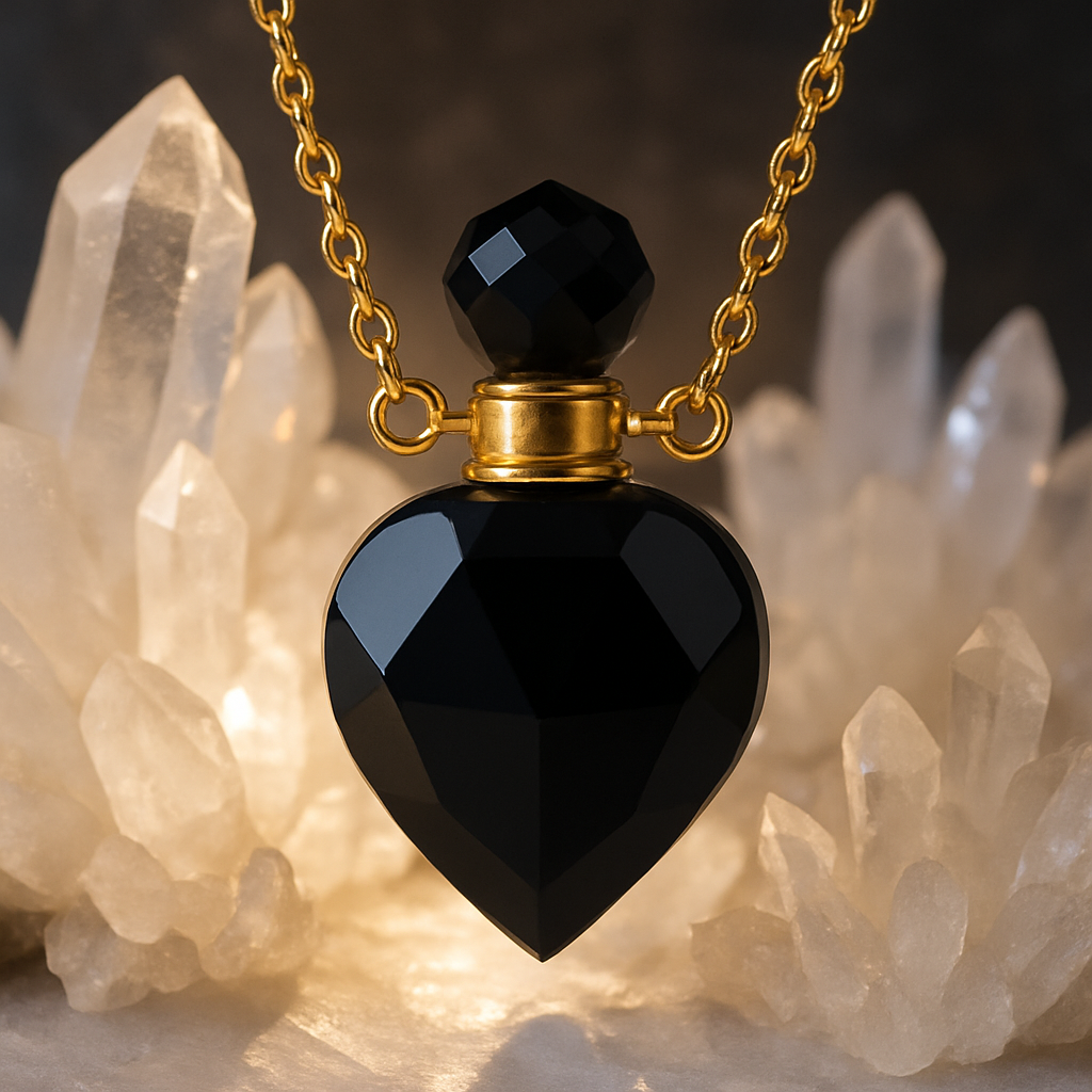 Collier pierre naturelle obsidienne lithothérapie en forme de flacon pour mettre huile essentielle aromathérapie entouré de cristaux de roche en obélisques lumineux