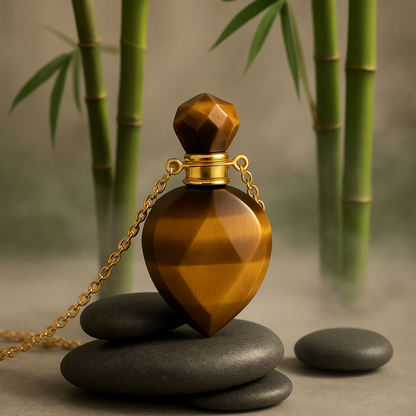 Collier pierre naturelle oeil de tigre lithothérapie en forme de flacon pour mettre huile essentielle aromathérapie chaine acier inoxydable dorée galets zen bambou