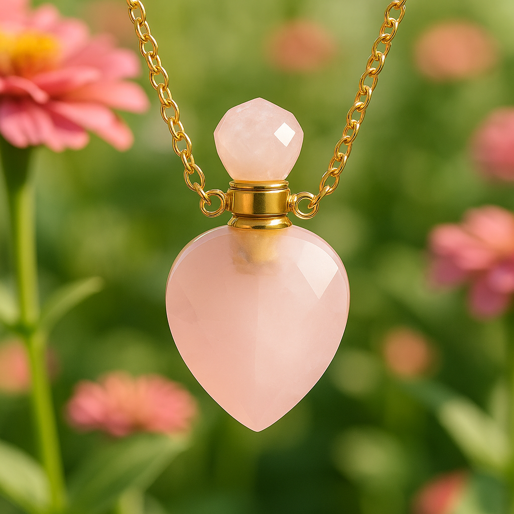Collier pierre naturelle quartz rose lithothérapie en forme de flacon pour mettre huile essentielle aromathérapie nature verte fleurs roses