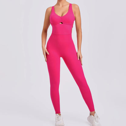 Combi sport femme rose dos croisé décolleté