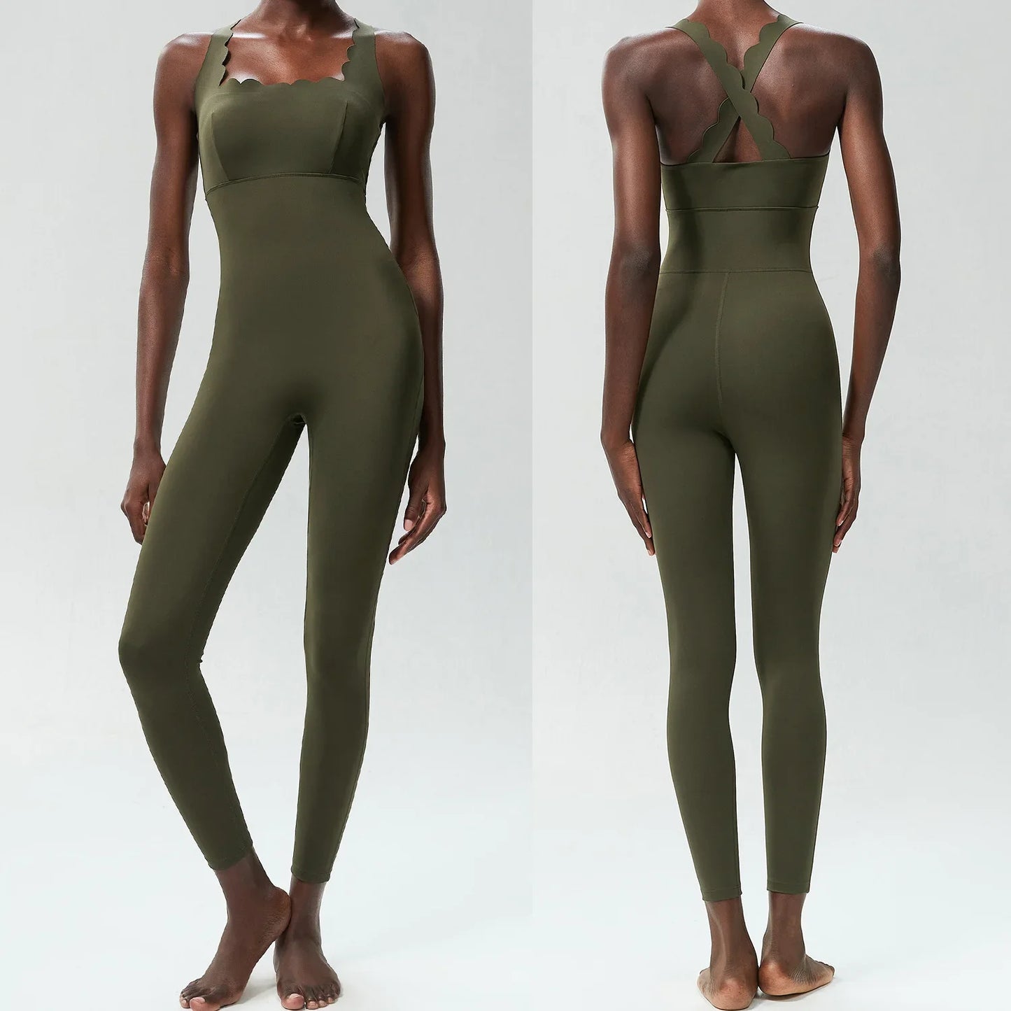 Combi yoga femme kaki bretelles croisées tissu respirant